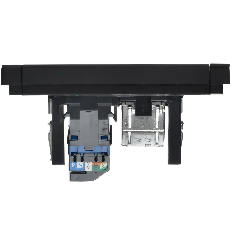 Розетка компьютерная RJ45 + RJ45, механизм с боковыми заглушками, cat. 6, металл, чёрная, FP134M